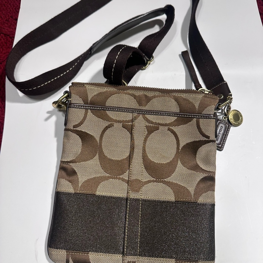 SOLD.  Coach Brown Canvas Signature Crossbody Bag with Adjustable Strap - Picture 3 of 5